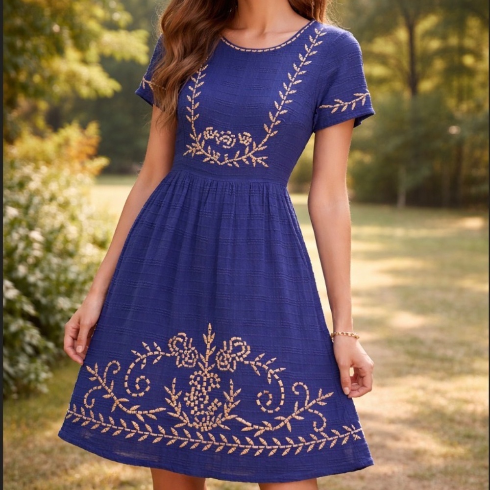 Lucky Brand Embroidered Cotton Dress Size‎ XS Blue Short Sleeve Pockets Boho